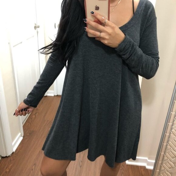 Windsor Womens Large Buttery Charcoal Grey Flowy Dress Pockets A Line Lagenlook - Picture 1 of 7